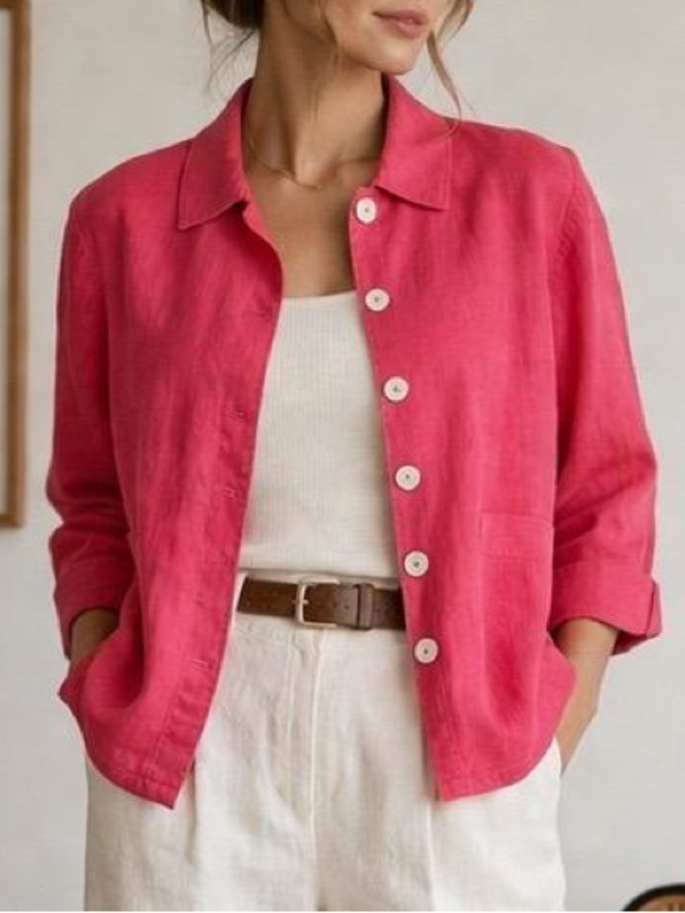 FLAX Pink 100% Linen Jacket Petite Medium Button Front 90s Minimal